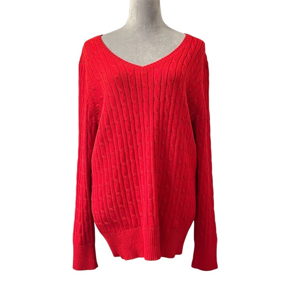 Red V-Neck Cable Knit Women's Sweater
